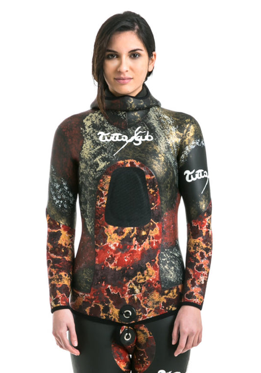 Giacca spaccato-liscio con inserti in neoprene spaccato foderato camouflage